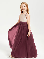 Robe Longue de Demoiselle d'Honneur Junior avec Haut en Paillettes et Jupe en Tulle Cabernet