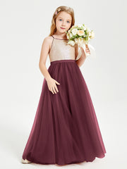 Robe Longue de Demoiselle d'Honneur Junior avec Haut en Paillettes et Jupe en Tulle Cabernet
