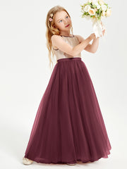 Robe Longue de Demoiselle d'Honneur Junior avec Haut en Paillettes et Jupe en Tulle Cabernet