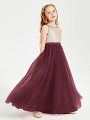 Robe Longue de Demoiselle d'Honneur Junior avec Haut en Paillettes et Jupe en Tulle Cabernet