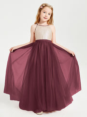 Robe Longue de Demoiselle d'Honneur Junior avec Haut en Paillettes et Jupe en Tulle Cabernet