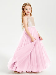 Robe Longue de Demoiselle d'Honneur Junior avec Haut en Paillettes et Jupe en Tulle Rose Bonbon