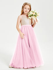 Robe Longue de Demoiselle d'Honneur Junior avec Haut en Paillettes et Jupe en Tulle Rose Bonbon