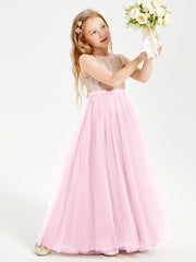 Robe Longue de Demoiselle d'Honneur Junior avec Haut en Paillettes et Jupe en Tulle Rose Bonbon