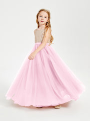 Robe Longue de Demoiselle d'Honneur Junior avec Haut en Paillettes et Jupe en Tulle Rose Bonbon