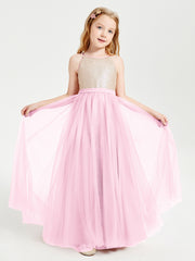 Robe Longue de Demoiselle d'Honneur Junior avec Haut en Paillettes et Jupe en Tulle Rose Bonbon