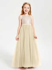 Robe Longue de Demoiselle d'Honneur Junior avec Haut en Paillettes et Jupe en Tulle Champagne
