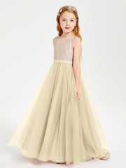 Robe Longue de Demoiselle d'Honneur Junior avec Haut en Paillettes et Jupe en Tulle Champagne