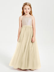 Robe Longue de Demoiselle d'Honneur Junior avec Haut en Paillettes et Jupe en Tulle Champagne