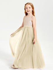 Robe Longue de Demoiselle d'Honneur Junior avec Haut en Paillettes et Jupe en Tulle Champagne