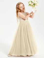 Robe Longue de Demoiselle d'Honneur Junior avec Haut en Paillettes et Jupe en Tulle Champagne
