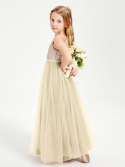 Robe Longue de Demoiselle d'Honneur Junior avec Haut en Paillettes et Jupe en Tulle Champagne