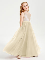 Robe Longue de Demoiselle d'Honneur Junior avec Haut en Paillettes et Jupe en Tulle Champagne