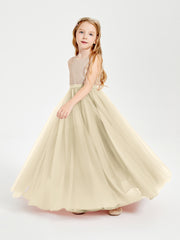 Robe Longue de Demoiselle d'Honneur Junior avec Haut en Paillettes et Jupe en Tulle Champagne