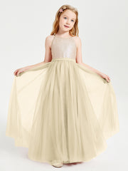 Robe Longue de Demoiselle d'Honneur Junior avec Haut en Paillettes et Jupe en Tulle Champagne