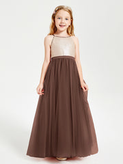 Robe Longue de Demoiselle d'Honneur Junior avec Haut en Paillettes et Jupe en Tulle Chocolat