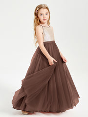 Robe Longue de Demoiselle d'Honneur Junior avec Haut en Paillettes et Jupe en Tulle Chocolat