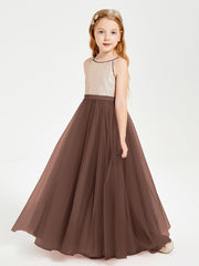 Robe Longue de Demoiselle d'Honneur Junior avec Haut en Paillettes et Jupe en Tulle Chocolat