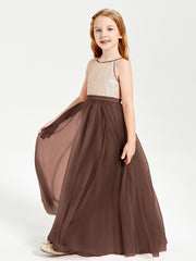 Robe Longue de Demoiselle d'Honneur Junior avec Haut en Paillettes et Jupe en Tulle Chocolat