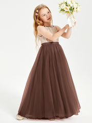Robe Longue de Demoiselle d'Honneur Junior avec Haut en Paillettes et Jupe en Tulle Chocolat