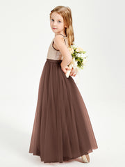 Robe Longue de Demoiselle d'Honneur Junior avec Haut en Paillettes et Jupe en Tulle Chocolat