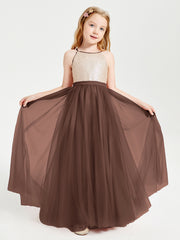 Robe Longue de Demoiselle d'Honneur Junior avec Haut en Paillettes et Jupe en Tulle Chocolat