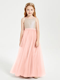 Robe Longue de Demoiselle d'Honneur Junior avec Haut en Paillettes et Jupe en Tulle Corail