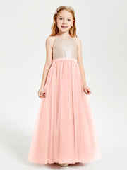 Robe Longue de Demoiselle d'Honneur Junior avec Haut en Paillettes et Jupe en Tulle Corail