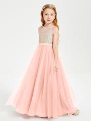 Robe Longue de Demoiselle d'Honneur Junior avec Haut en Paillettes et Jupe en Tulle Corail