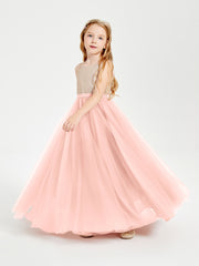 Robe Longue de Demoiselle d'Honneur Junior avec Haut en Paillettes et Jupe en Tulle Corail