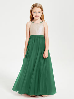 Robe Longue de Demoiselle d'Honneur Junior avec Haut en Paillettes et Jupe en Tulle Vert Foncé