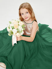 Robe Longue de Demoiselle d'Honneur Junior avec Haut en Paillettes et Jupe en Tulle Vert Foncé