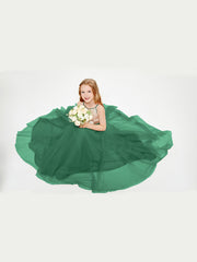 Robe Longue de Demoiselle d'Honneur Junior avec Haut en Paillettes et Jupe en Tulle Vert Foncé