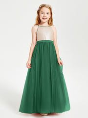 Robe Longue de Demoiselle d'Honneur Junior avec Haut en Paillettes et Jupe en Tulle Vert Foncé