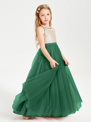 Robe Longue de Demoiselle d'Honneur Junior avec Haut en Paillettes et Jupe en Tulle Vert Foncé
