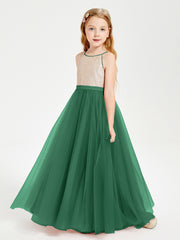 Robe Longue de Demoiselle d'Honneur Junior avec Haut en Paillettes et Jupe en Tulle Vert Foncé