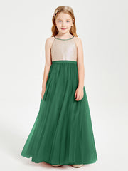 Robe Longue de Demoiselle d'Honneur Junior avec Haut en Paillettes et Jupe en Tulle Vert Foncé