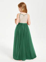 Robe Longue de Demoiselle d'Honneur Junior avec Haut en Paillettes et Jupe en Tulle Vert Foncé