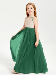 Robe Longue de Demoiselle d'Honneur Junior avec Haut en Paillettes et Jupe en Tulle Vert Foncé