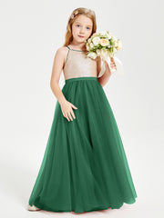 Robe Longue de Demoiselle d'Honneur Junior avec Haut en Paillettes et Jupe en Tulle Vert Foncé