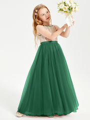 Robe Longue de Demoiselle d'Honneur Junior avec Haut en Paillettes et Jupe en Tulle Vert Foncé