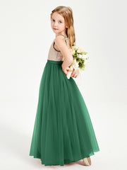 Robe Longue de Demoiselle d'Honneur Junior avec Haut en Paillettes et Jupe en Tulle Vert Foncé