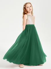 Robe Longue de Demoiselle d'Honneur Junior avec Haut en Paillettes et Jupe en Tulle Vert Foncé