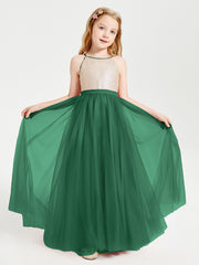 Robe Longue de Demoiselle d'Honneur Junior avec Haut en Paillettes et Jupe en Tulle Vert Foncé