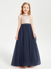 Robe Longue de Demoiselle d'Honneur Junior avec Haut en Paillettes et Jupe en Tulle Bleu Marine