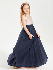 Robe Longue de Demoiselle d'Honneur Junior avec Haut en Paillettes et Jupe en Tulle Bleu Marine