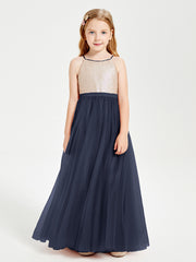 Robe Longue de Demoiselle d'Honneur Junior avec Haut en Paillettes et Jupe en Tulle Bleu Marine