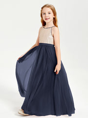 Robe Longue de Demoiselle d'Honneur Junior avec Haut en Paillettes et Jupe en Tulle Bleu Marine