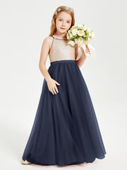 Robe Longue de Demoiselle d'Honneur Junior avec Haut en Paillettes et Jupe en Tulle Bleu Marine