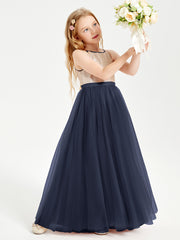 Robe Longue de Demoiselle d'Honneur Junior avec Haut en Paillettes et Jupe en Tulle Bleu Marine